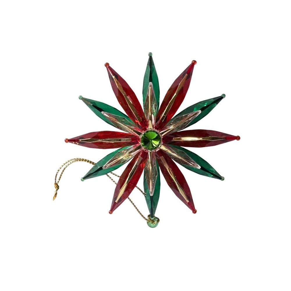 Vintage MCM 3D Red Clear Green Gold Plastic Flower Christmas Ornament 3.5"